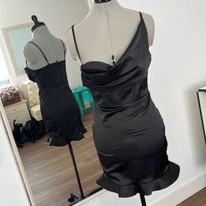 BOGO - Asymmetrical Black Satin Bustier Mini Dress S